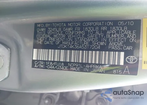 2010 Toyota Yaris z USA, uszkodzony, nr VIN JTDKT4K36A5317204